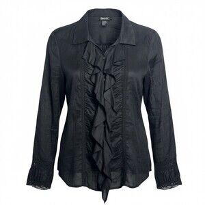 DKNY Vintage Ruffle Blouse Black Gothic Victorian Steampunk Size 14 Donna Karan